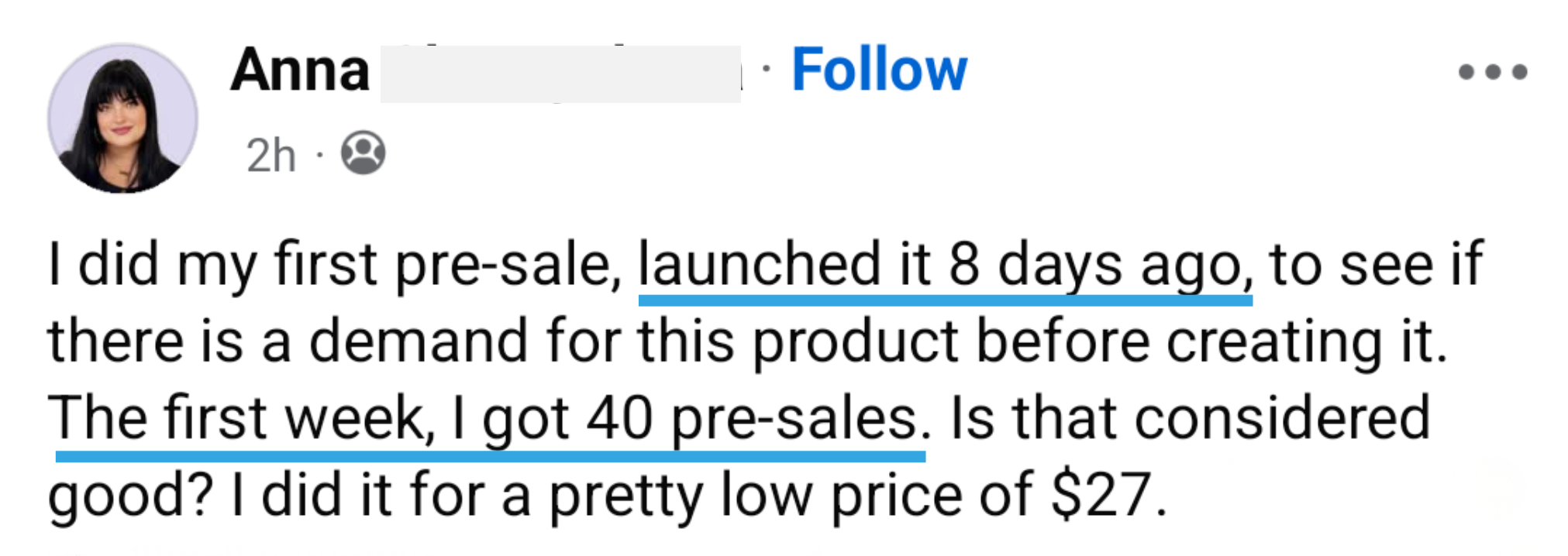 Anna — 40 pre-sales in 8 days at $27